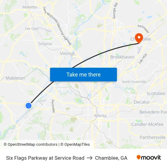 Six Flags Parkway at Service Road to Chamblee, GA map