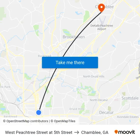 West Peachtree Street at 5th Street to Chamblee, GA map