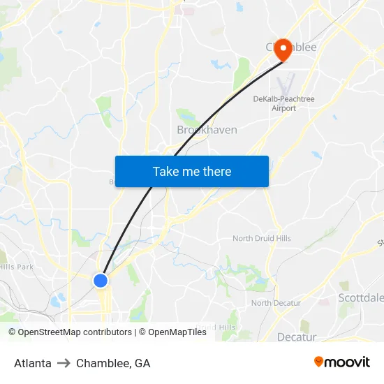 Atlanta to Chamblee, GA map