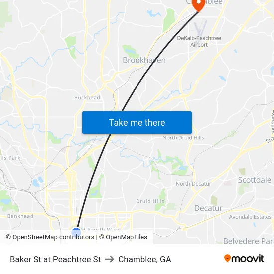 Baker St at Peachtree St to Chamblee, GA map