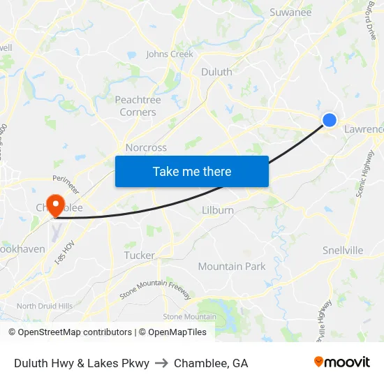 Duluth Hwy & Lakes Pkwy to Chamblee, GA map