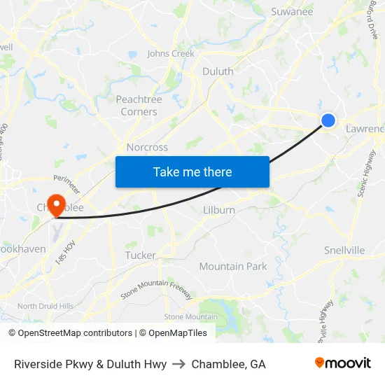 Riverside Pkwy & Duluth Hwy to Chamblee, GA map