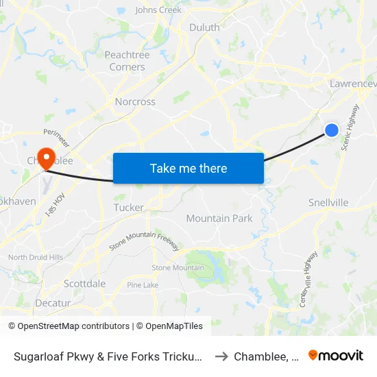 Sugarloaf Pkwy & Five Forks Trickum Rd to Chamblee, GA map