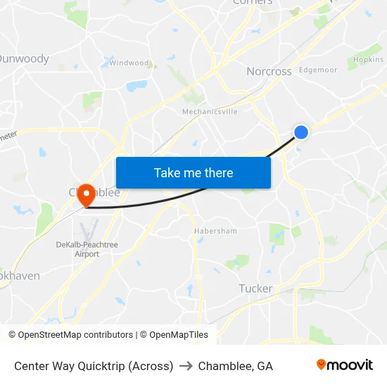 Center Way Quicktrip (Across) to Chamblee, GA map