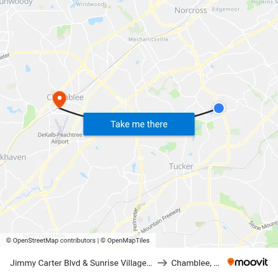 Jimmy Carter Blvd & Sunrise Village Ln to Chamblee, GA map