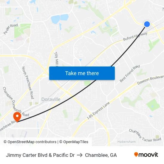 Jimmy Carter Blvd & Pacific Dr to Chamblee, GA map