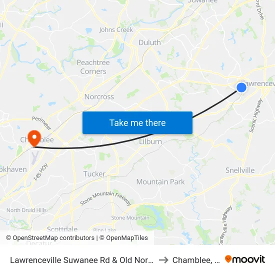 Lawrenceville Suwanee Rd & Old Norcross to Chamblee, GA map