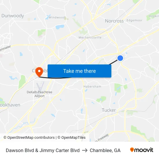 Dawson Blvd &  Jimmy Carter Blvd to Chamblee, GA map