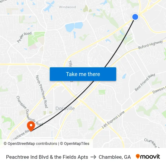Peachtree Ind Blvd & the Fields Apts to Chamblee, GA map