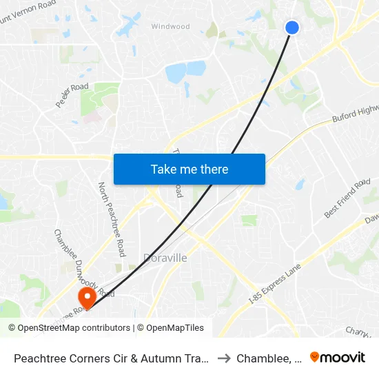 Peachtree Corners Cir & Autumn Trace Dr to Chamblee, GA map