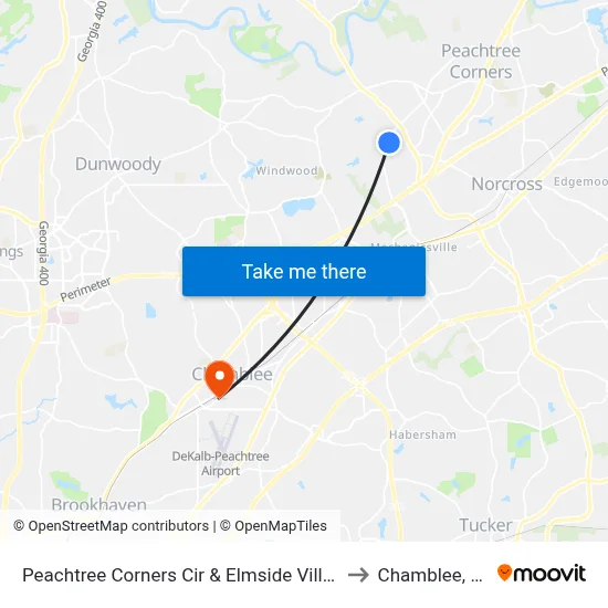 Peachtree Corners Cir & Elmside Villg Ln to Chamblee, GA map