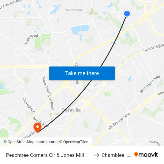 Peachtree Corners Cir & Jones Mill Spur to Chamblee, GA map