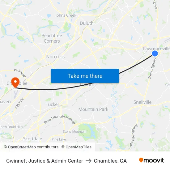 Gwinnett Justice & Admin Center to Chamblee, GA map