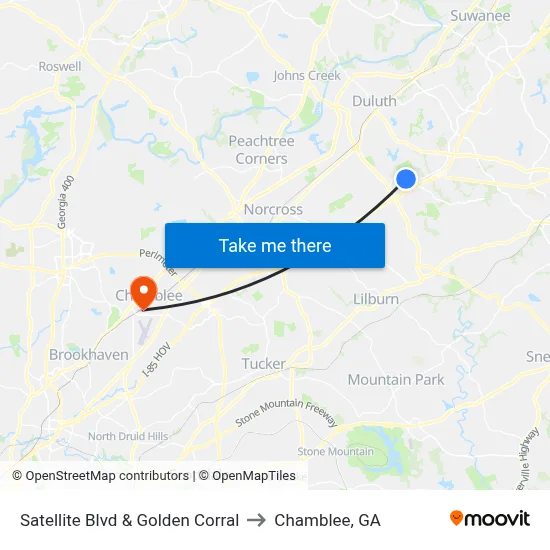Satellite Blvd & Golden Corral to Chamblee, GA map