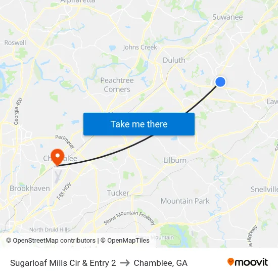 Sugarloaf Mills Cir & Entry 2 to Chamblee, GA map