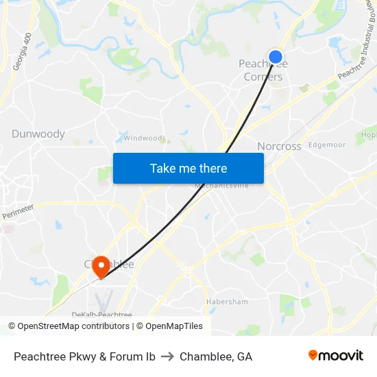 Peachtree Pkwy & Forum Ib to Chamblee, GA map