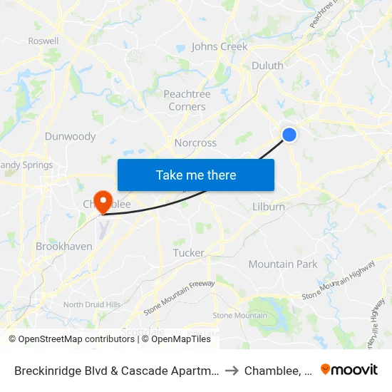 Breckinridge Blvd & Cascade Apartments to Chamblee, GA map