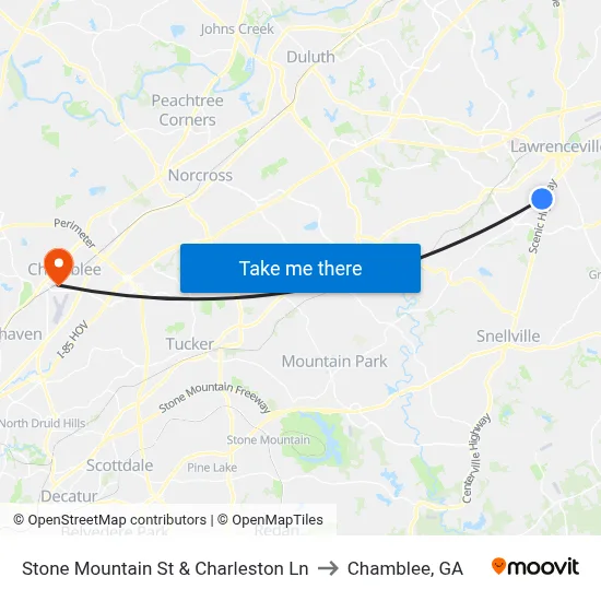 Stone Mountain St & Charleston Ln to Chamblee, GA map