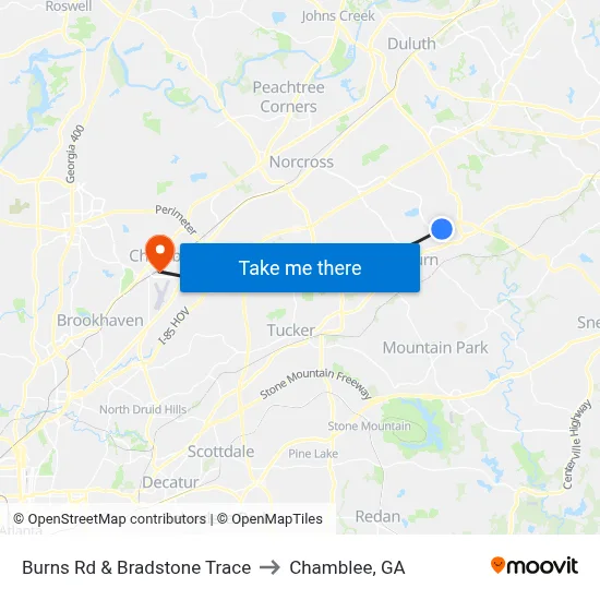 Burns Rd & Bradstone Trace to Chamblee, GA map