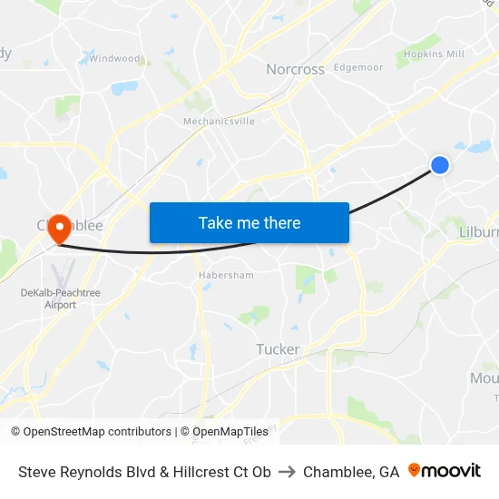 Steve Reynolds Blvd & Hillcrest Ct Ob to Chamblee, GA map