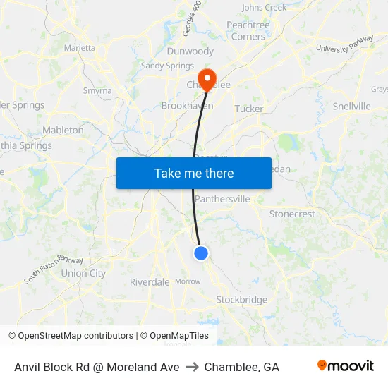 Anvil Block Rd @ Moreland Ave to Chamblee, GA map