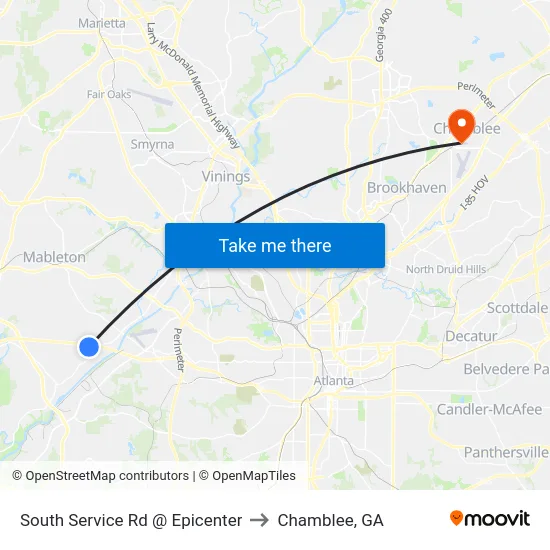 South Service Rd @ Epicenter to Chamblee, GA map