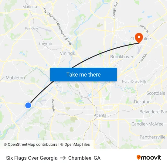 Six Flags Over Georgia to Chamblee, GA map