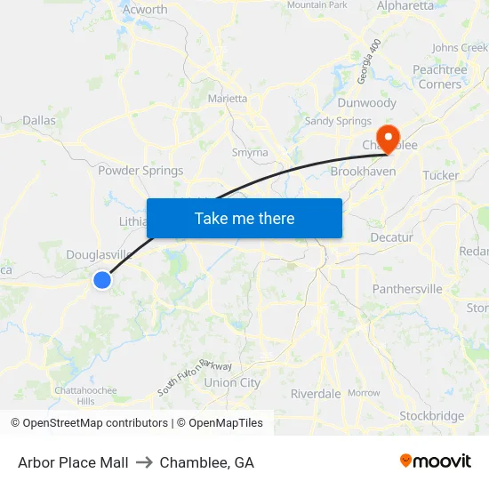 Arbor Place Mall to Chamblee, GA map