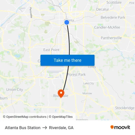 Atlanta Bus Station to Riverdale, GA map