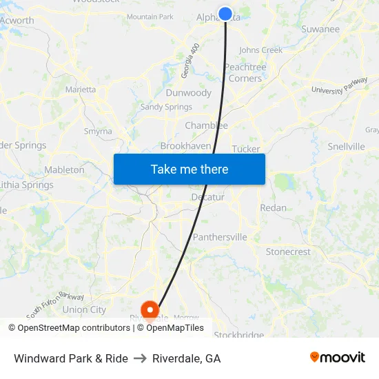 Windward Park & Ride to Riverdale, GA map
