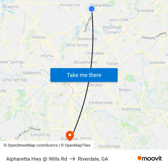 Alpharetta Hwy @ Wills Rd to Riverdale, GA map