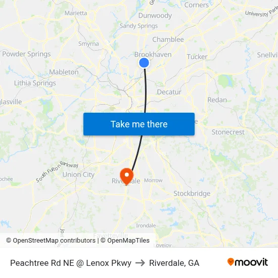Peachtree Rd NE @ Lenox Pkwy to Riverdale, GA map