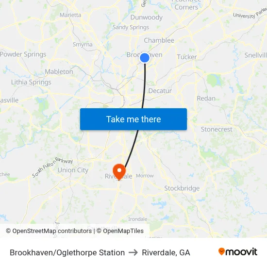 Brookhaven/Oglethorpe Station to Riverdale, GA map