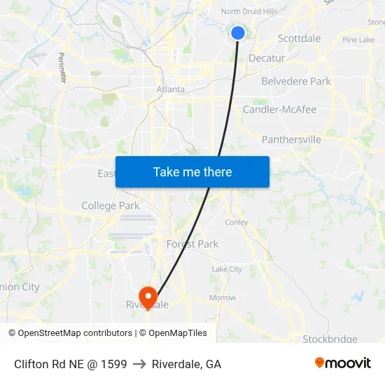 Clifton Rd NE @ 1599 to Riverdale, GA map