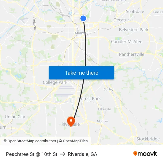 Peachtree St @ 10th St to Riverdale, GA map