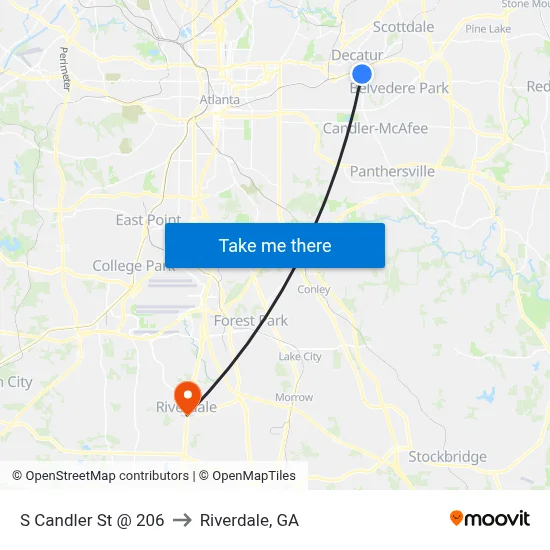 S Candler St @ 206 to Riverdale, GA map
