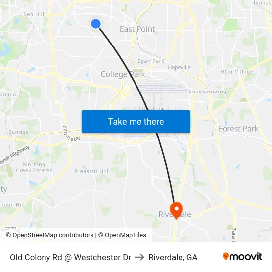 Old Colony Rd @ Westchester Dr to Riverdale, GA map