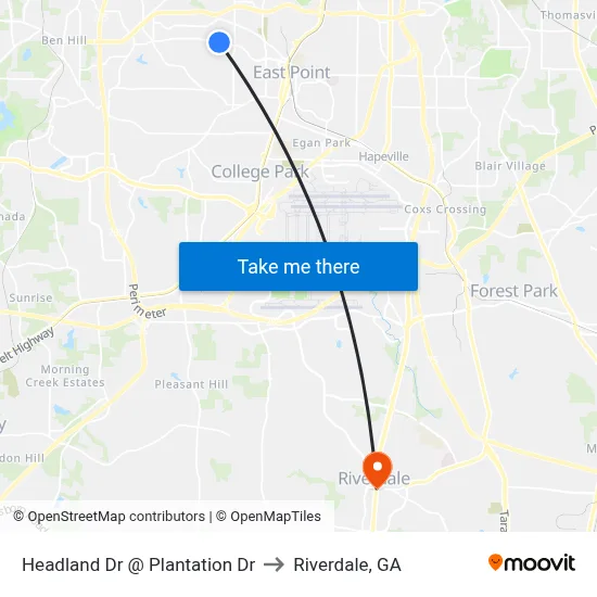 Headland Dr @ Plantation Dr to Riverdale, GA map