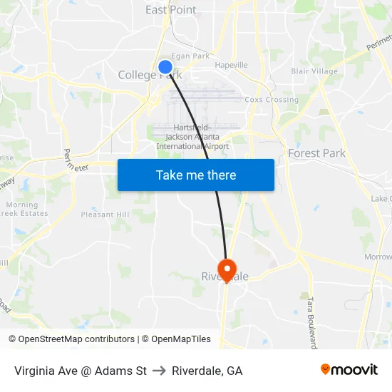 Virginia Ave @ Adams St to Riverdale, GA map