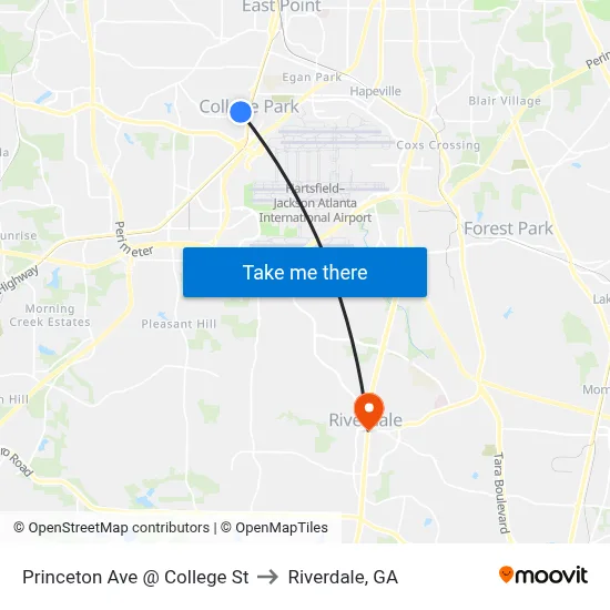 Princeton Ave @ College St to Riverdale, GA map
