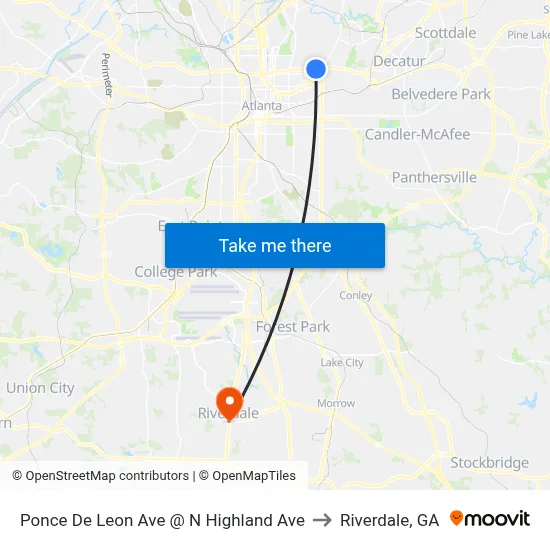 Ponce De Leon Ave @ N Highland Ave to Riverdale, GA map