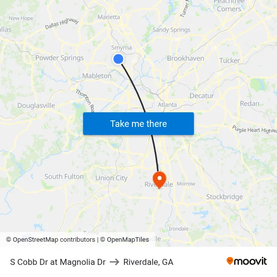 S Cobb Dr at Magnolia Dr to Riverdale, GA map