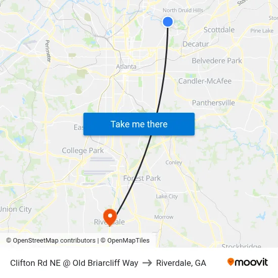 Clifton Rd NE @ Old Briarcliff Way to Riverdale, GA map
