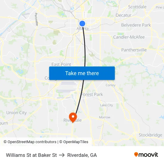 Williams St at Baker St to Riverdale, GA map
