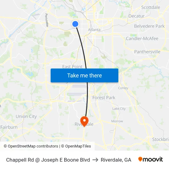 Chappell Rd @ Joseph E Boone Blvd to Riverdale, GA map