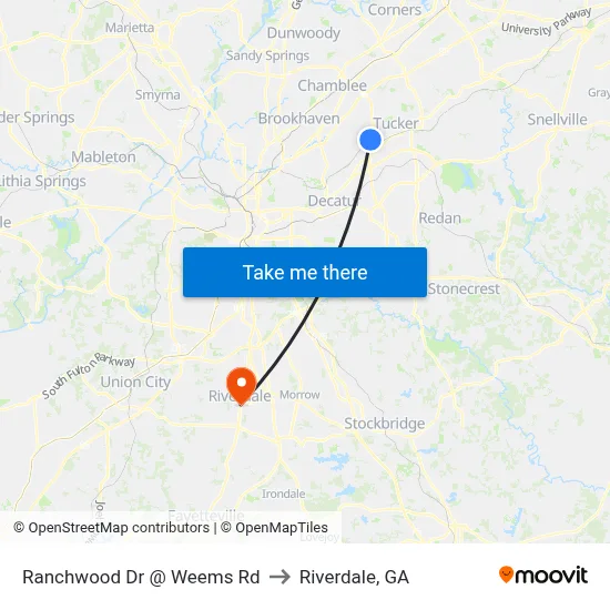 Ranchwood Dr @ Weems Rd to Riverdale, GA map