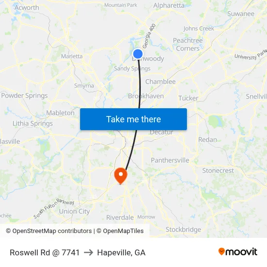Roswell Rd @ 7741 to Hapeville, GA map