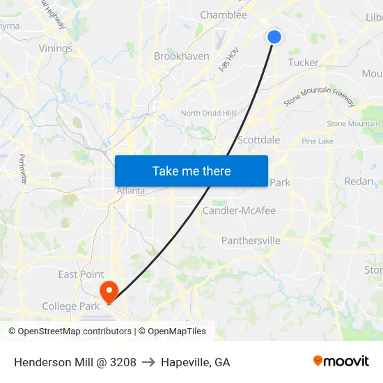 Henderson Mill @ 3208 to Hapeville, GA map