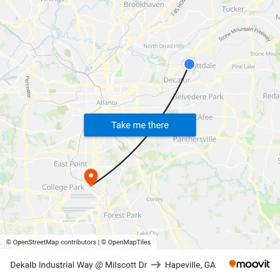 Dekalb Industrial Way @ Milscott Dr to Hapeville, GA map