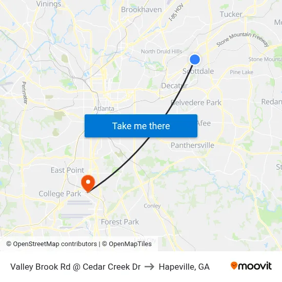 Valley Brook Rd @ Cedar Creek Dr to Hapeville, GA map